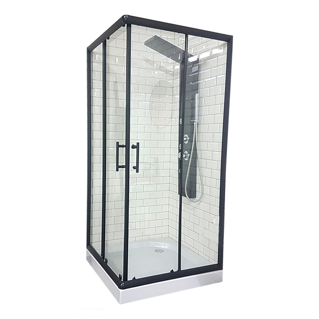 Box de ducha vidrio transparente con receptáculo cuadrado negro Gorena Toronto 90 x 195 cm